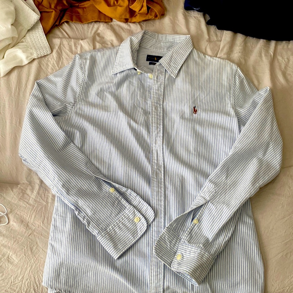 Classic blue and white striped polo